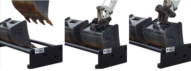 Buckets store in upright position for easy excavator attachment