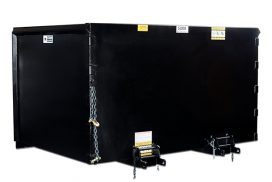 Rear view showing fork pockets with pin locking system and safety chain